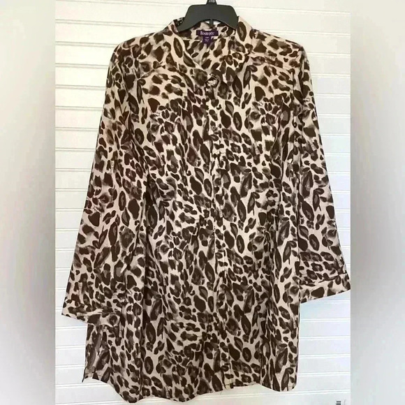 Roamans Womens Top Brown Leopard Print Long Sleeve Tunic Button Up Plus 30W - Picture 7 of 8